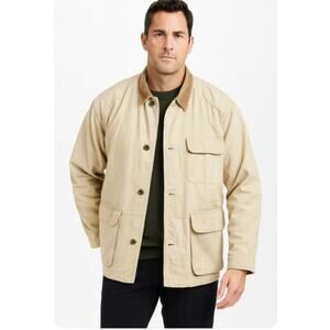 Eddie Bauer VTG SZ L Cotton Tan Chore Jacket Corduroy Collar Down Plaid Liner